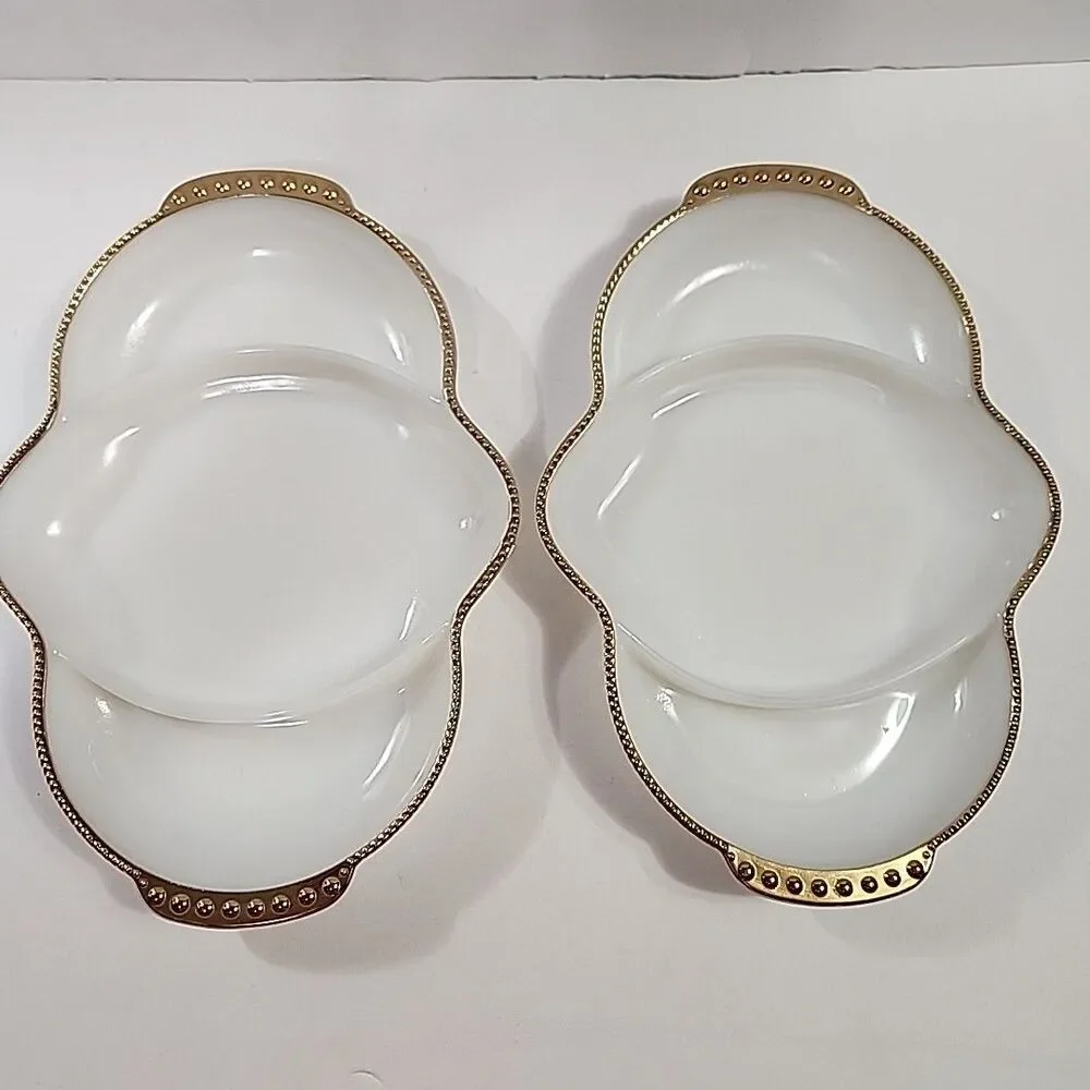 3 Pc Fire King Anchor Hocking (2) Divided Relish Dish Tray Gold Trim (1) Platter